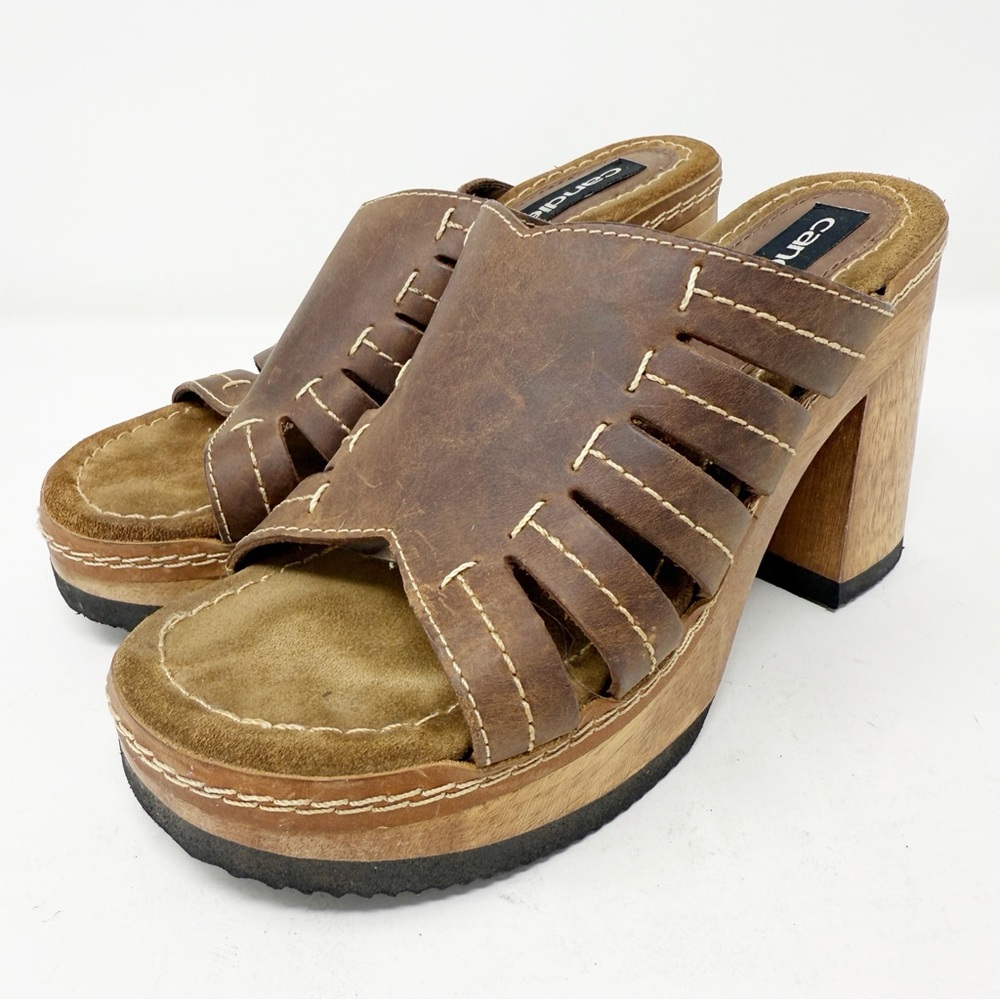 Candies Vintage 90s Brown Leather Platform Sandals Size 8.5 Y2K Bratz Wood Heels
